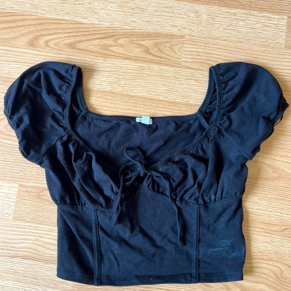Garage Black Puff Sleeve Crop Top with Ruched Tie Front